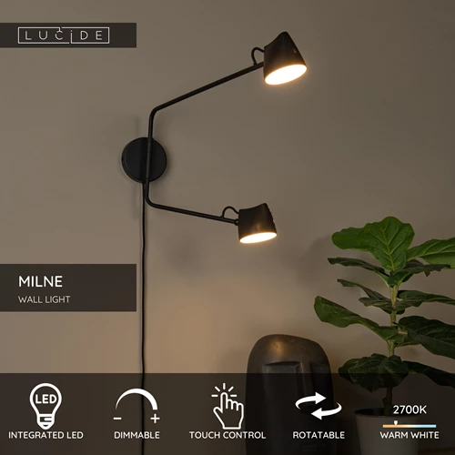 Lucide MILNE - Wall light - LED Dim. - 2x8W 2700K - Black - USP